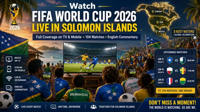 Solomon Islands football fans watching FIFA World Cup 2026 live on TV and smartphones.