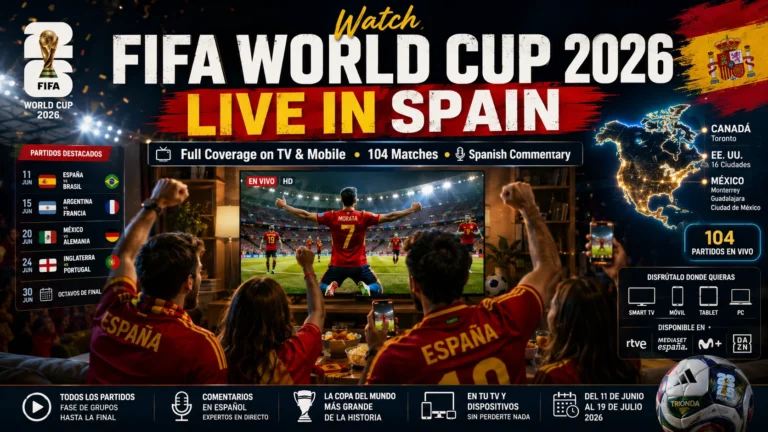 Spanish football fans watching FIFA World Cup 2026 live on TV and mobile devices.