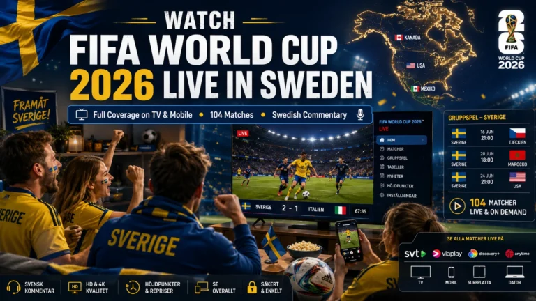 Swedish football fans watching FIFA World Cup 2026 live on television and mobile.
