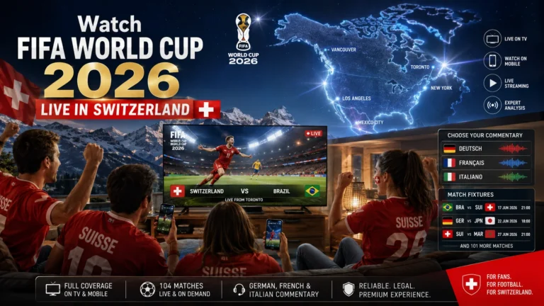 Swiss football fans watching FIFA World Cup 2026 live on TV and smartphones.