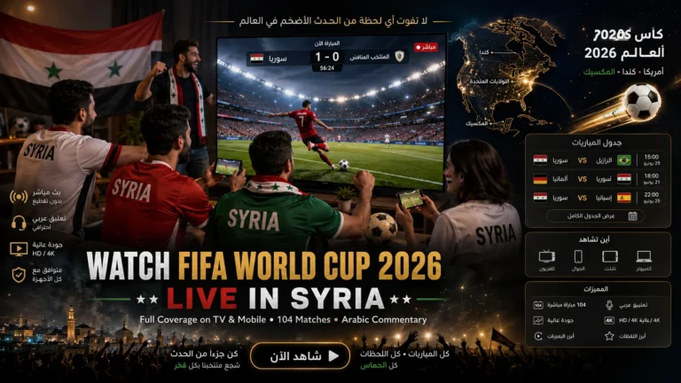 Syrian football fans watching FIFA World Cup 2026 live on TV and mobile.