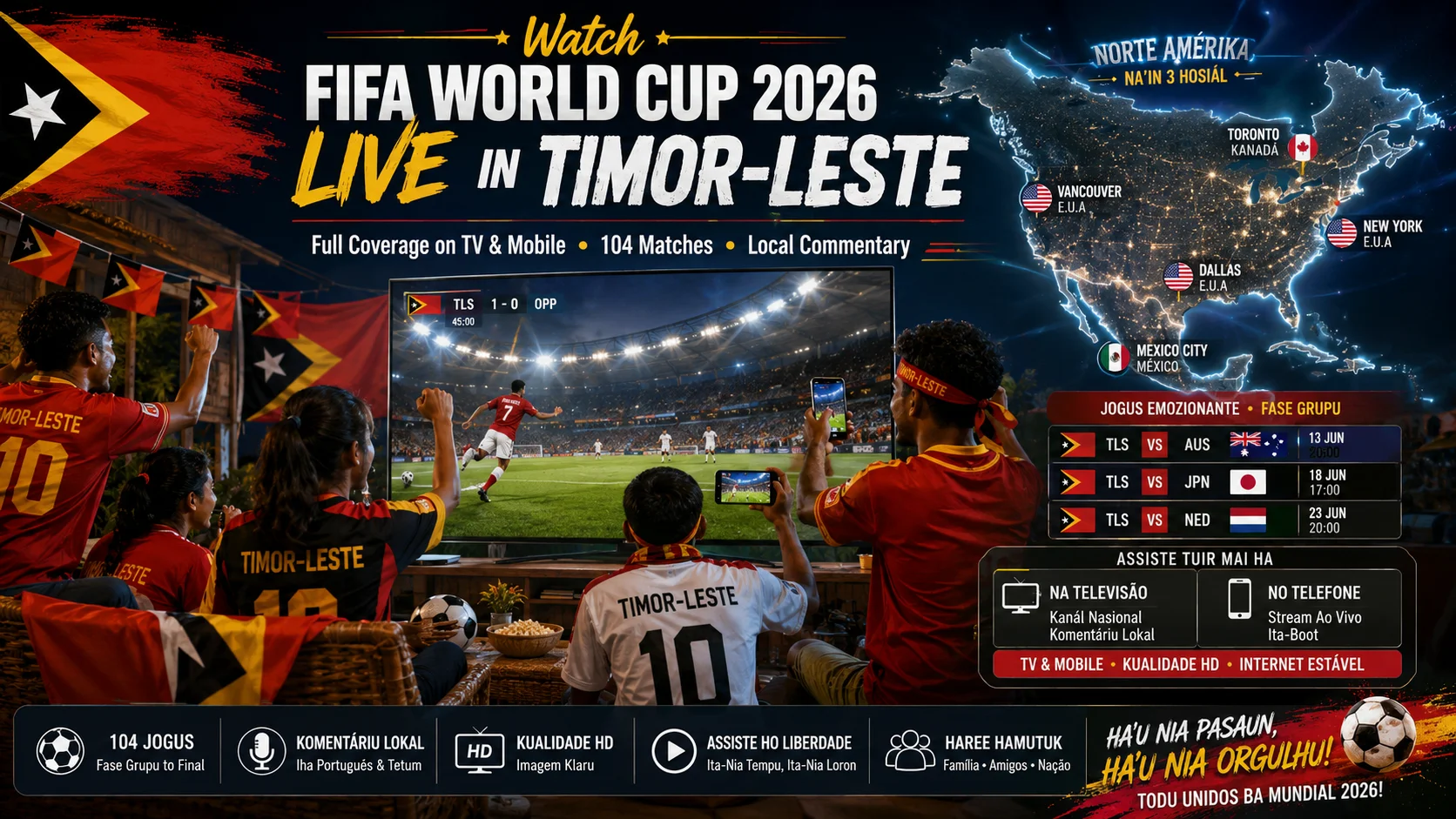 Timor-Leste football fans watching FIFA World Cup 2026 live on TV and mobile.