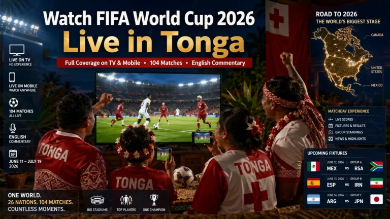 Tongan football fans watching FIFA World Cup 2026 live on television and mobile.