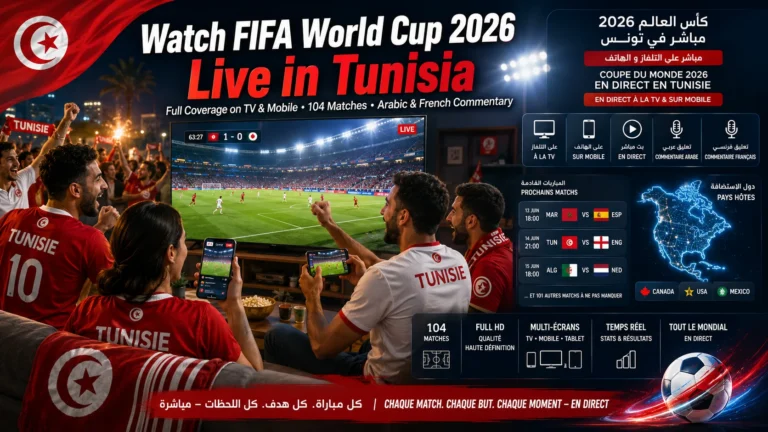 Tunisian football fans watching FIFA World Cup 2026 live on television and smartphones.