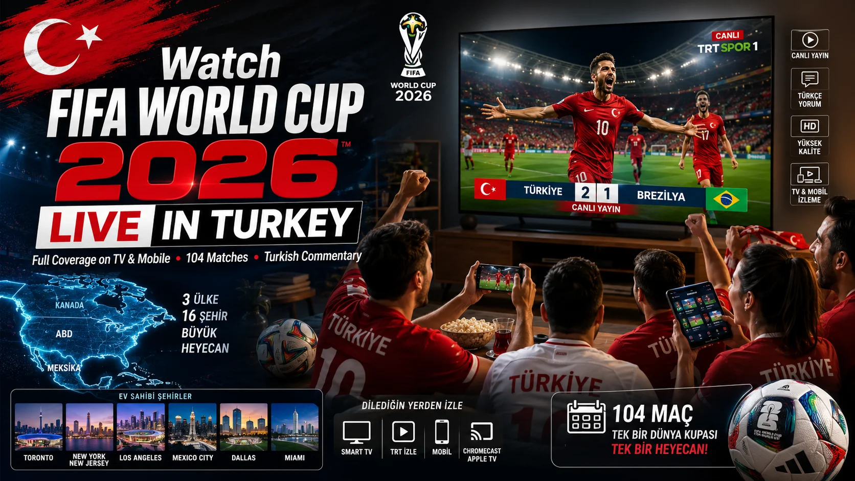 Turkish football fans watching FIFA World Cup 2026 live on TV and mobile devices.
