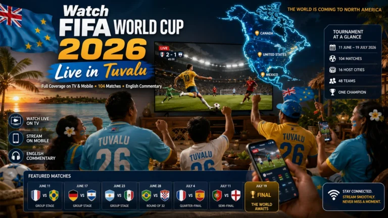 Tuvalu football fans watching FIFA World Cup 2026 live on TV and mobile devices.