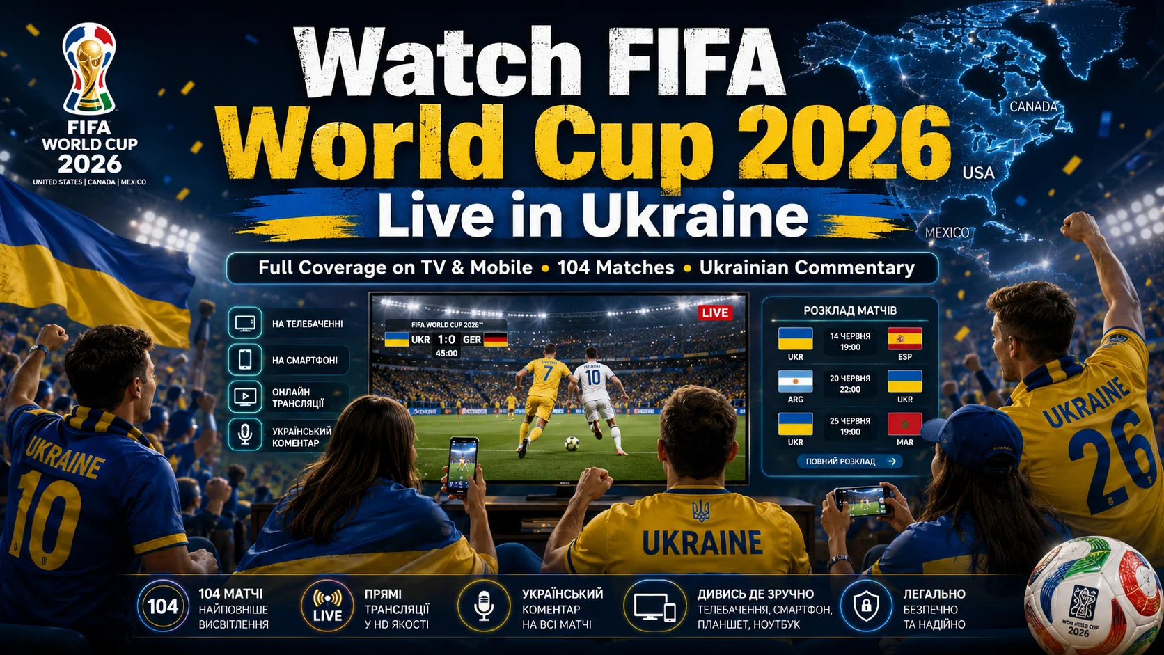 Ukrainian football fans watching FIFA World Cup 2026 live on television and mobile.