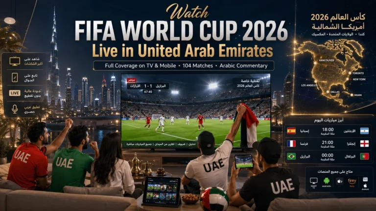UAE football fans watching FIFA World Cup 2026 live on TV and mobile devices.