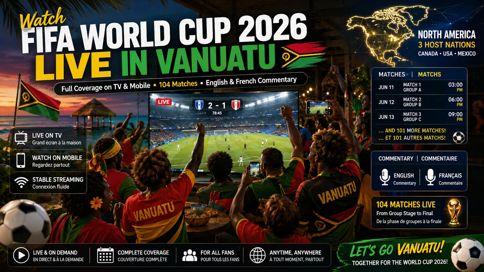 Vanuatu football fans watching FIFA World Cup 2026 live on television and smartphones.
