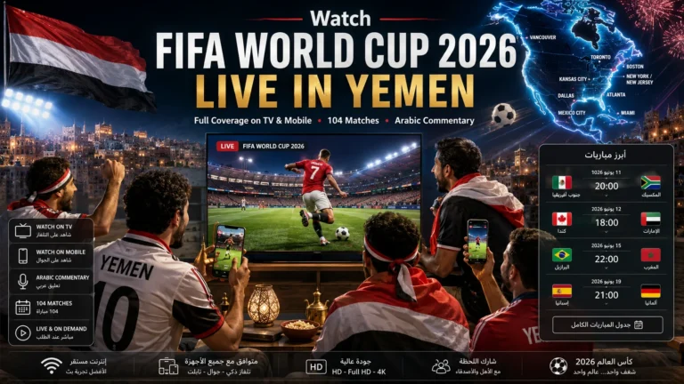 Yemeni football fans watching FIFA World Cup 2026 live on TV and mobile phones.
