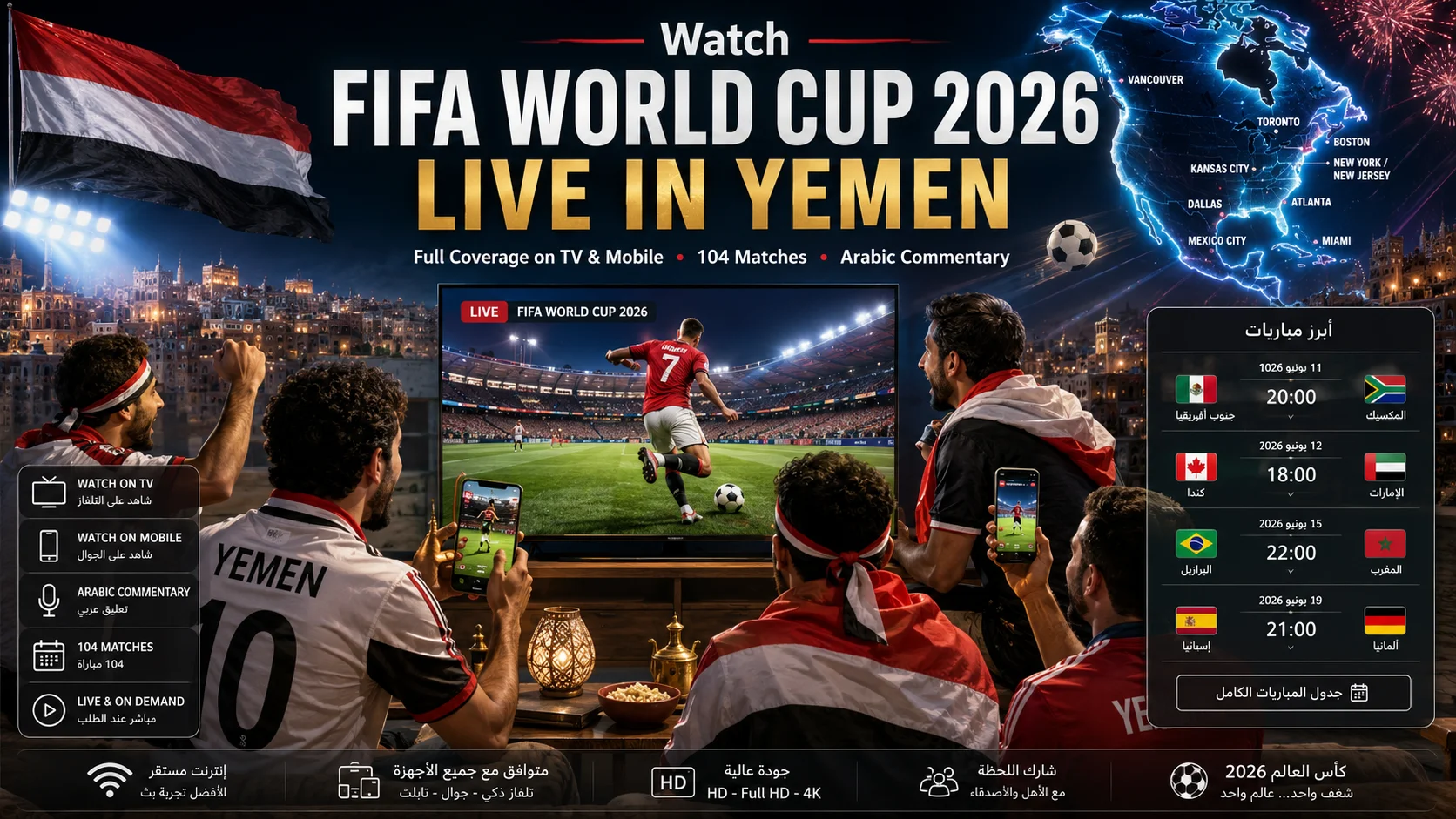 Yemeni football fans watching FIFA World Cup 2026 live on TV and mobile phones.