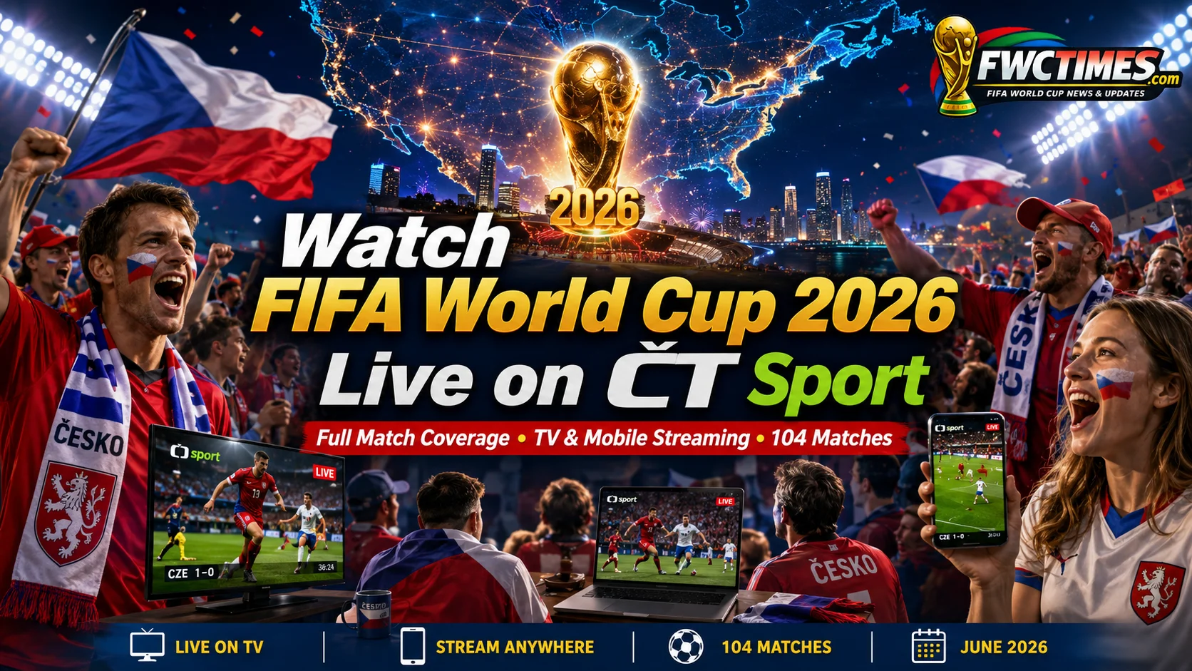 Czech fans watch FIFA World Cup 2026 live on ČT Sport with TV coverage, mobile streaming, and match excitement.