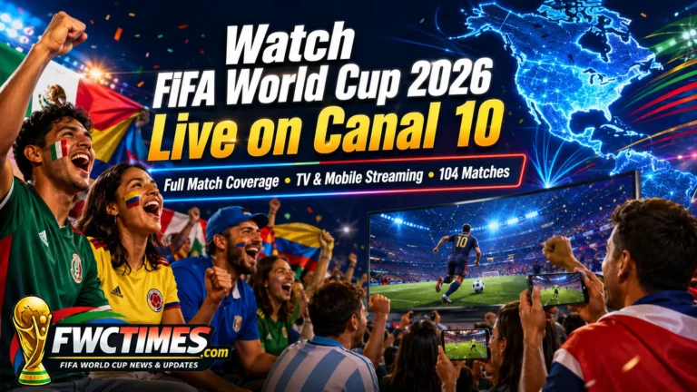 Watch FIFA World Cup 2026 live on Canal 10 with TV coverage, mobile streaming, cheering fans, and match updates.