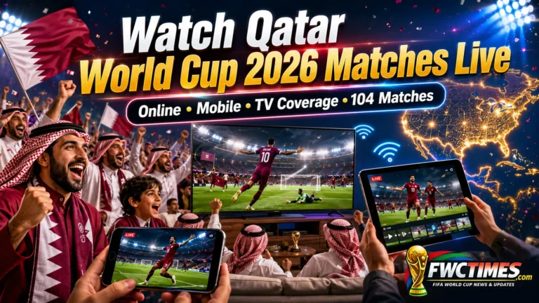 Watch Qatar World Cup 2026 matches live online, on mobile, and TV with fans, streaming screens, and match action.