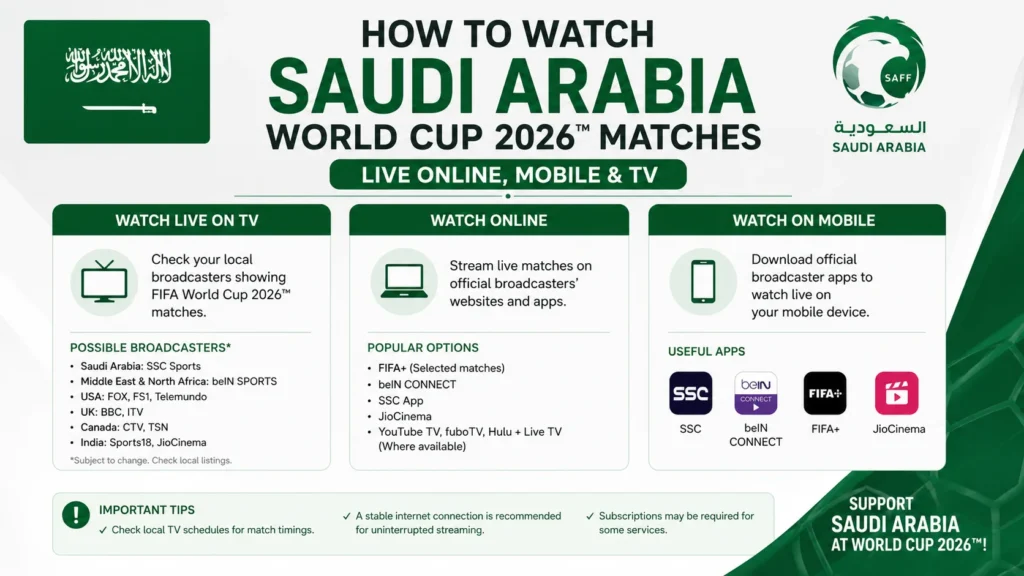 How to Watch Saudi Arabia World Cup 2026 Matches Live Online, Mobile & TV