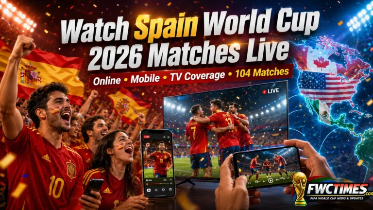 Watch Spain World Cup 2026 matches live online, on mobile, and TV with fans, streaming screens, and match action.