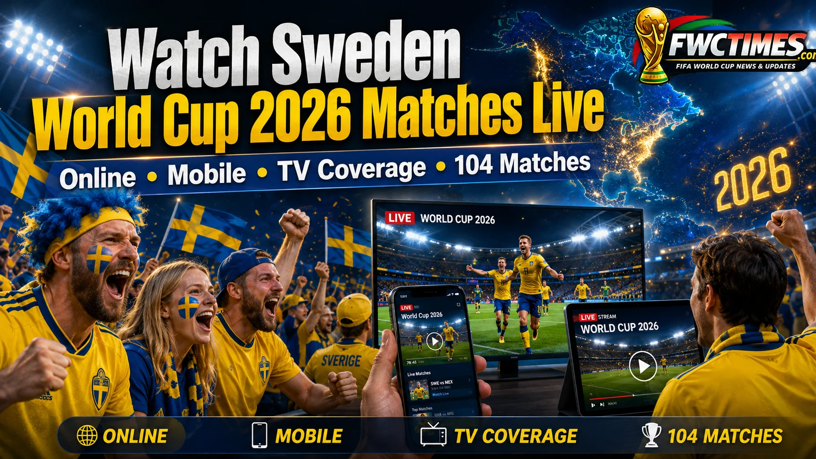 Watch Sweden World Cup 2026 matches live online, on mobile, and TV with fans, streaming screens, and match updates.