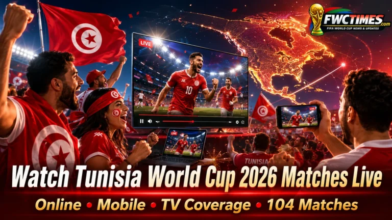 Watch Tunisia World Cup 2026 matches live online, on mobile, and TV with fans, streaming graphics, and match action.