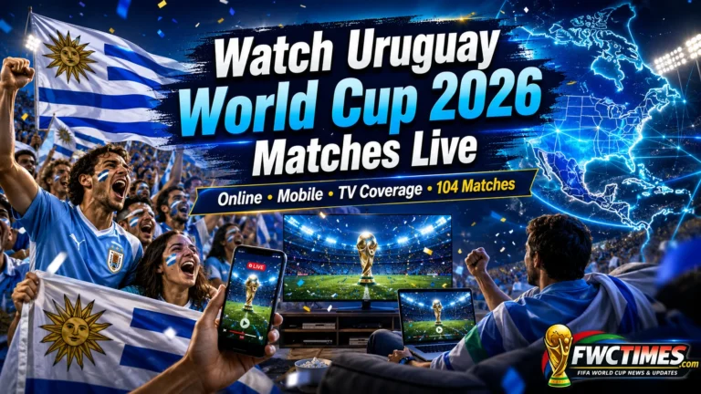 Watch Uruguay World Cup 2026 matches live online, on mobile, and TV with fans, streaming screens, and match action.