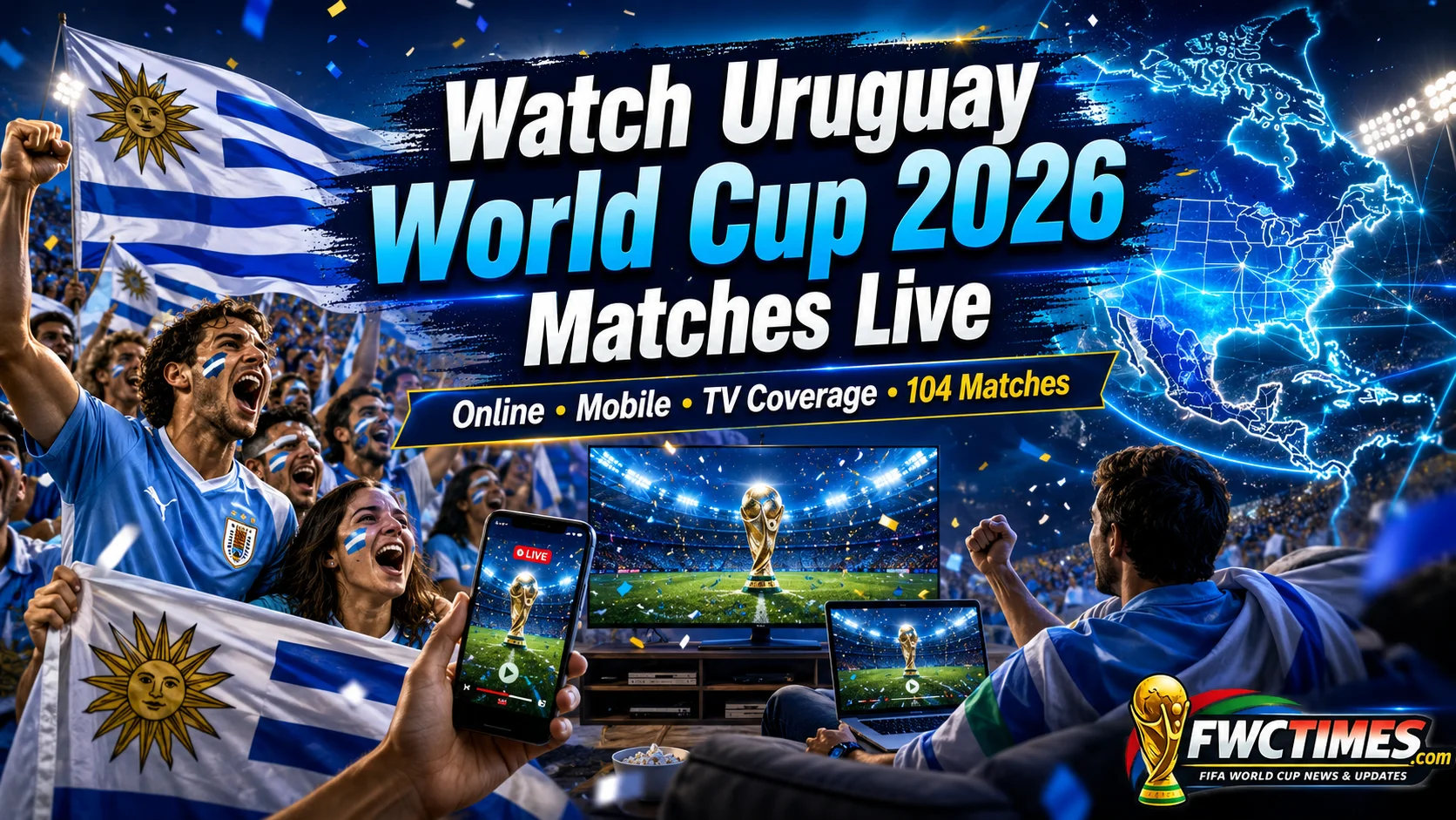 Watch Uruguay World Cup 2026 matches live online, on mobile, and TV with fans, streaming screens, and match action.