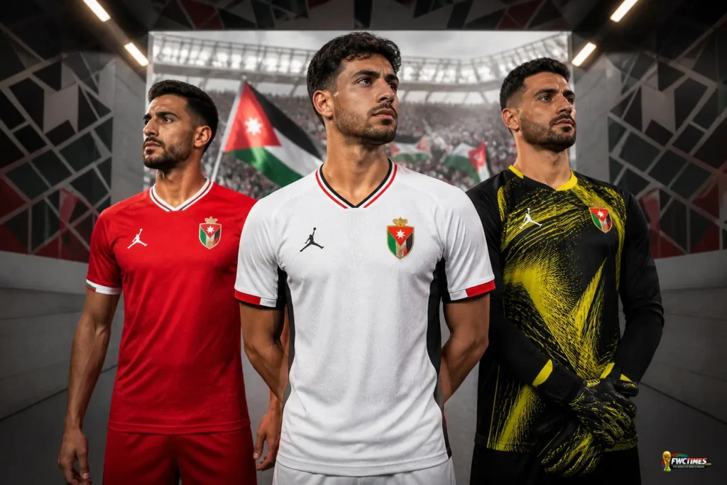 Jordan FIFA World Cup 2026 kits showing the white home jersey, red away jersey and goalkeeper shirt with a small World Cup logo in the corner