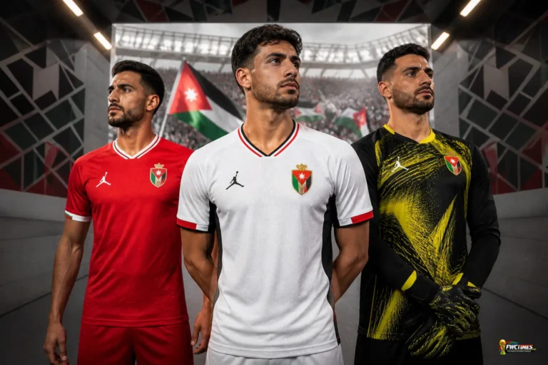 Jordan FIFA World Cup 2026 kits showing the white home jersey, red away jersey and goalkeeper shirt with a small World Cup logo in the corner