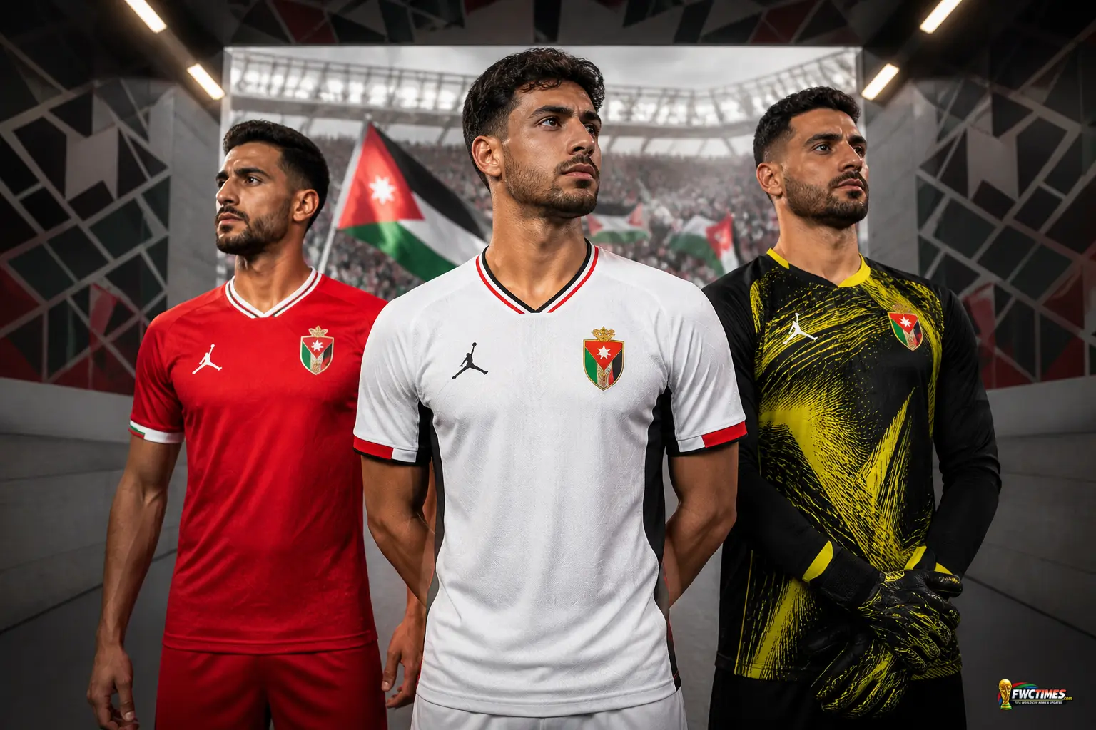 Jordan FIFA World Cup 2026 kits showing the white home jersey, red away jersey and goalkeeper shirt with a small World Cup logo in the corner