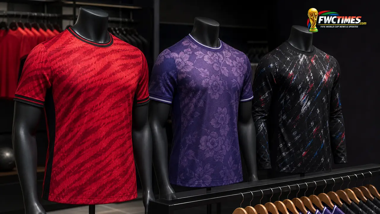 Korea Republic 2026 home, away, and goalkeeper football jerseys in a premium editorial display
