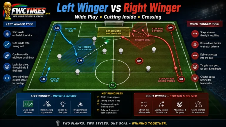 Left winger vs right winger football graphic comparing wide runs, crossing, and cutting inside.