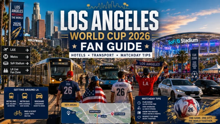 Los Angeles World Cup 2026 fan guide image with hotels, transport, football fans, and SoFi Stadium.