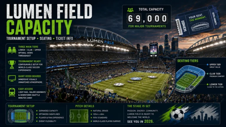 Lumen Field capacity image with seating, ticket, and World Cup 2026 tournament setup visuals.
