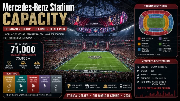 Mercedes-Benz Stadium capacity poster with seating, ticket, and tournament setup graphics.