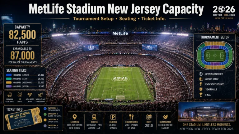 MetLife Stadium New Jersey capacity poster with seating, tickets, and World Cup 2026 setup graphics.