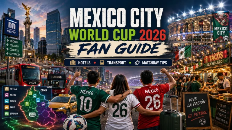 Mexico City World Cup 2026 fan guide image with hotels, transport, fans, and travel tips.