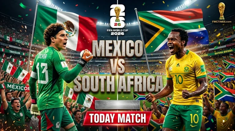 Mexico vs South Africa FIFA World Cup 2026 today match action with players battling for the ball, live score excitement, and passionate fans cheering loudly.