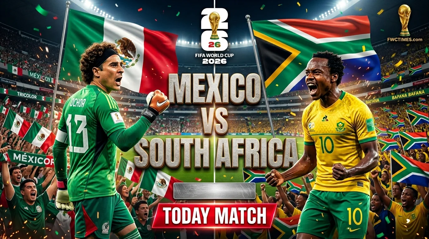 Mexico vs South Africa FIFA World Cup 2026 today match action with players battling for the ball, live score excitement, and passionate fans cheering loudly.