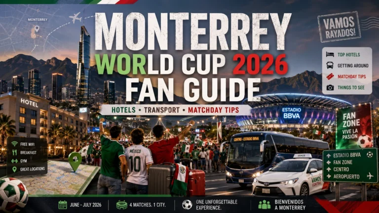 Monterrey World Cup 2026 fan guide image with hotels, transport, fans, mountains, and Estadio BBVA.