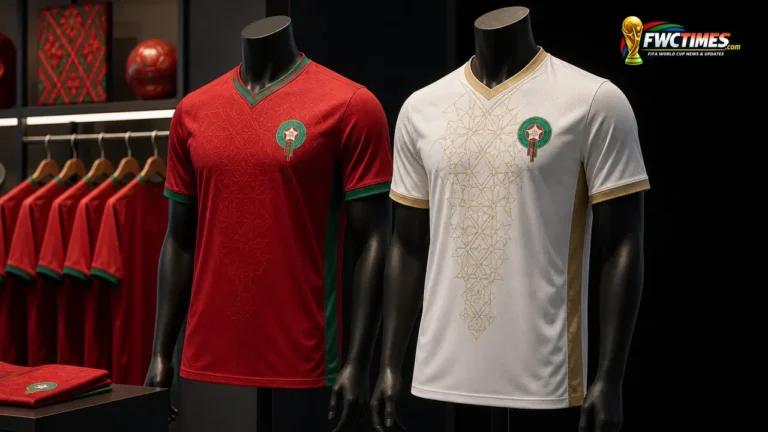 Morocco 2026 home and away football jerseys in a premium editorial display