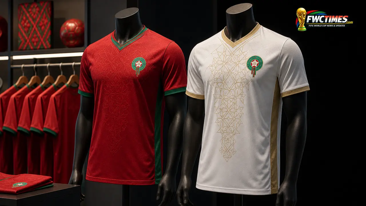 Morocco 2026 home and away football jerseys in a premium editorial display