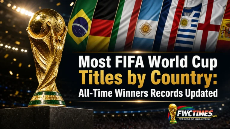 Infographic showing most FIFA World Cup titles by country with flags and trophy icons representing each nation’s total wins.