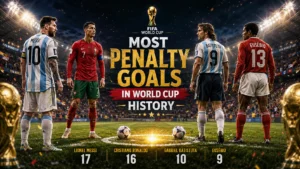 Lionel Messi, Cristiano Ronaldo, and legendary footballers featured in a FIFA World Cup penalty goals record poster.
