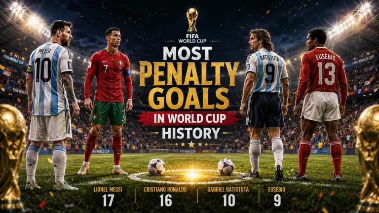 Lionel Messi, Cristiano Ronaldo, and legendary footballers featured in a FIFA World Cup penalty goals record poster.