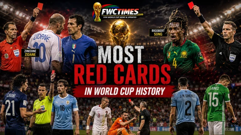 Famous FIFA World Cup players receiving red cards during controversial football matches.