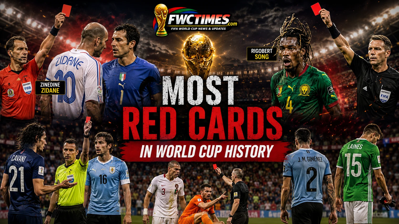 Famous FIFA World Cup players receiving red cards during controversial football matches.