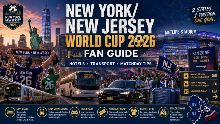 New York and New Jersey World Cup 2026 fan guide image with hotels, transport, fans, and MetLife Stadium.