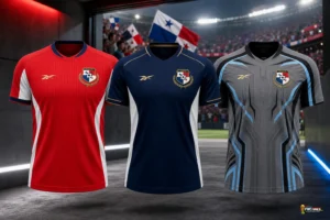 Panama FIFA World Cup 2026 kits showing the red home jersey, navy away jersey and gray goalkeeper shirt with a small World Cup logo in the corne
