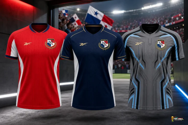 Panama FIFA World Cup 2026 kits showing the red home jersey, navy away jersey and gray goalkeeper shirt with a small World Cup logo in the corne