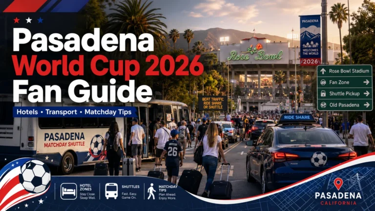 Pasadena World Cup 2026 fan guide image with hotels, transport, fans, and Rose Bowl Stadium.