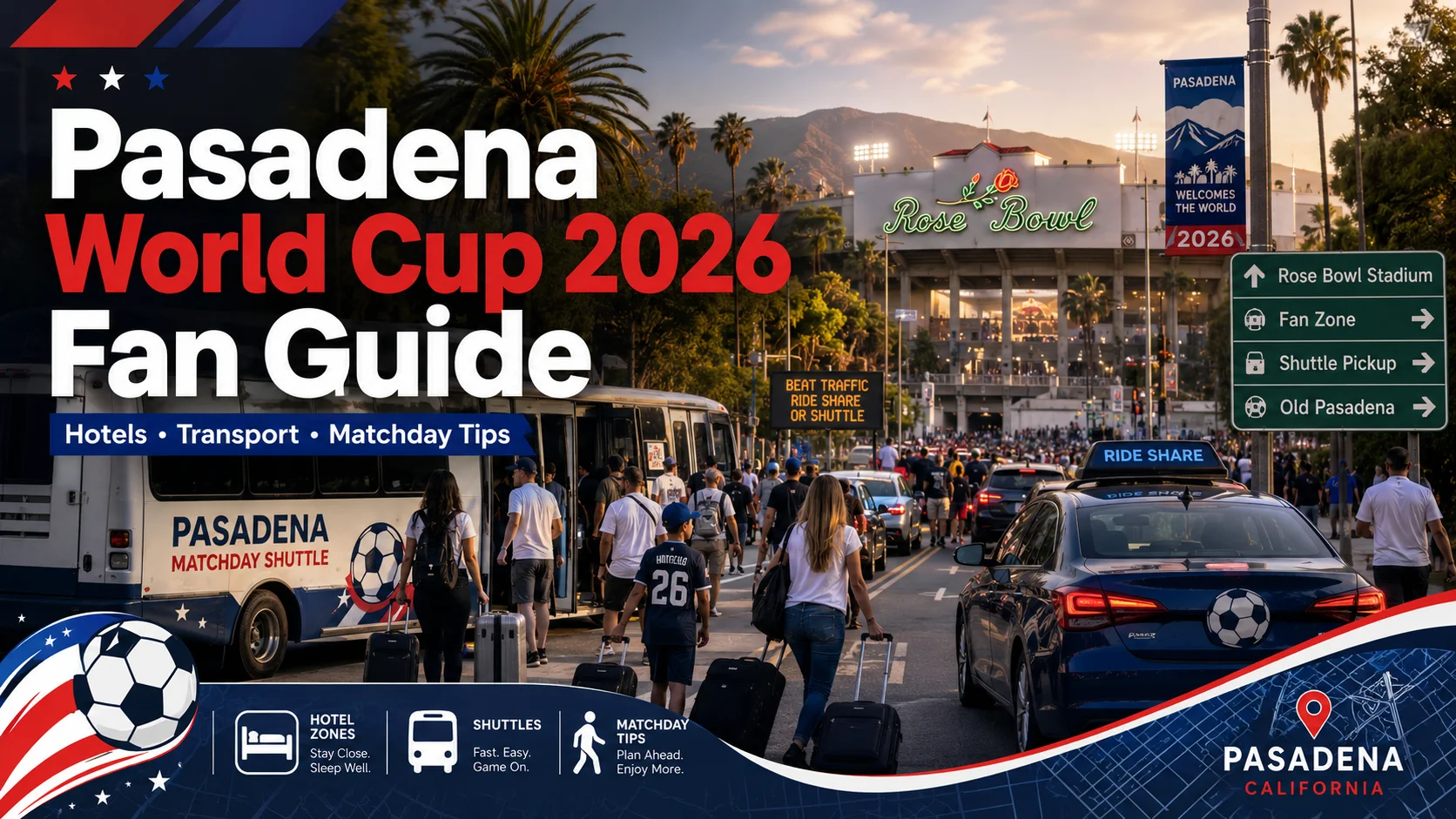Pasadena World Cup 2026 fan guide image with hotels, transport, fans, and Rose Bowl Stadium.