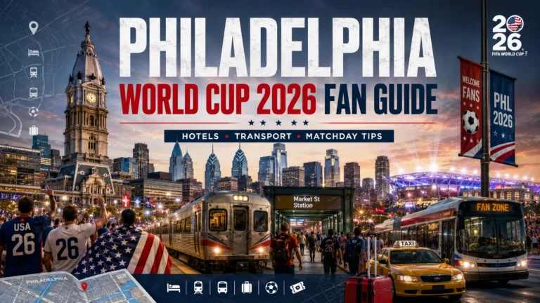 Philadelphia World Cup 2026 fan guide image with hotels, transport, football fans, and city travel tips.